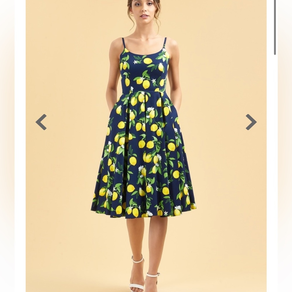 PRISCILLA NAVY LEMON PRINT MIDI DRESS